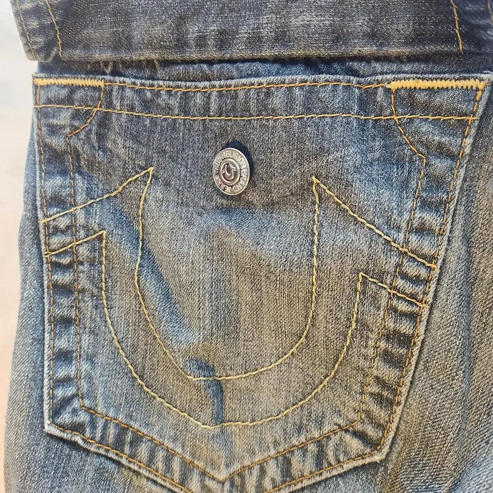 Vintage Y2K‎ True Religion Mens Straight Leg Jeans Sz 34 Distressed Blue Denim